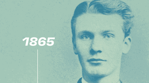 GIF 영상에는 시간이 흐름에 따라 변화하는 프리츠 헨켈의 모습이 담겨 있습니다. 프리츠 헨켈은 1865년 17세의 모습으로 시작해, 1876년의 청년기, 이후 수염을 기른 중년기의 모습, 그리고 1928년에는 흰 머리와 풍성한 수염을 지닌 노년기의 모습으로 차례로 등장합니다.