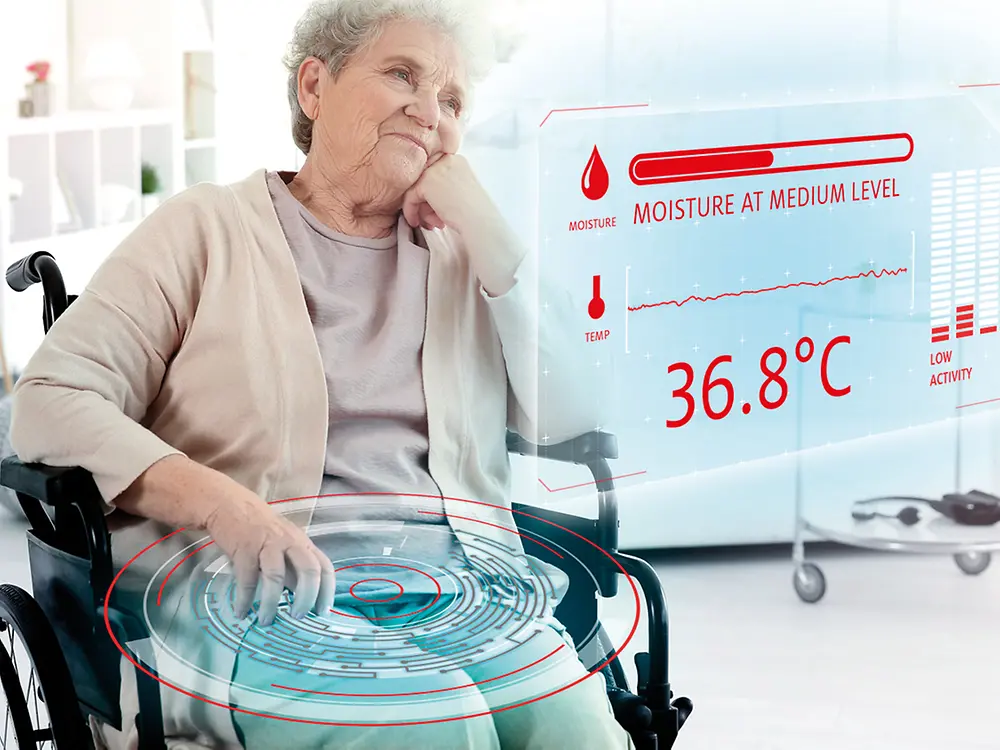 elderly woman with wheelchair diaper moisture sensor