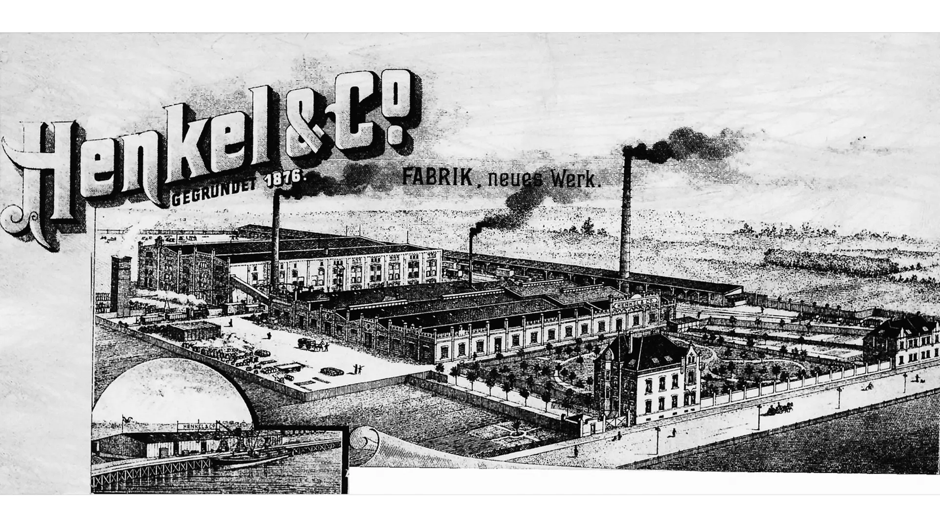 홀트하우젠 공장과 좌측 하단에 라이스홀츠 항구 일부가 담긴 헨켈 레터헤드 이미지.