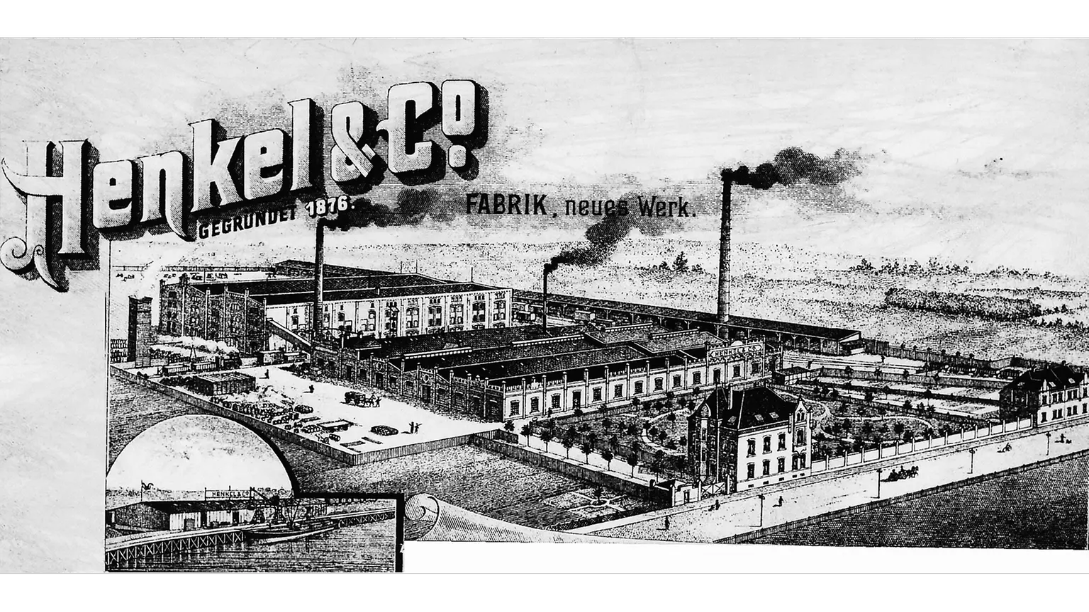 홀트하우젠 공장과 좌측 하단에 라이스홀츠 항구 일부가 담긴 헨켈 레터헤드 이미지.