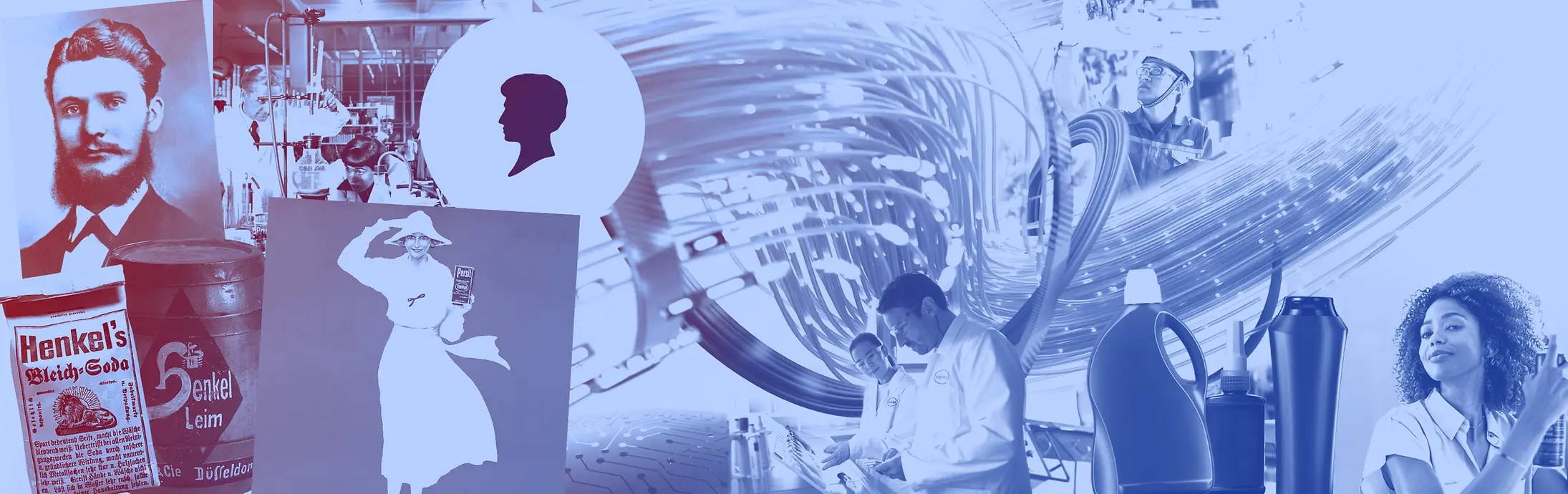 푸른 색조로 구성된 빈티지 헨켈 제품, 세제 병, 실험실에서 일하는 연구원들, 그리고 역사적인 광고 이미지가 어우러진 콜라주.