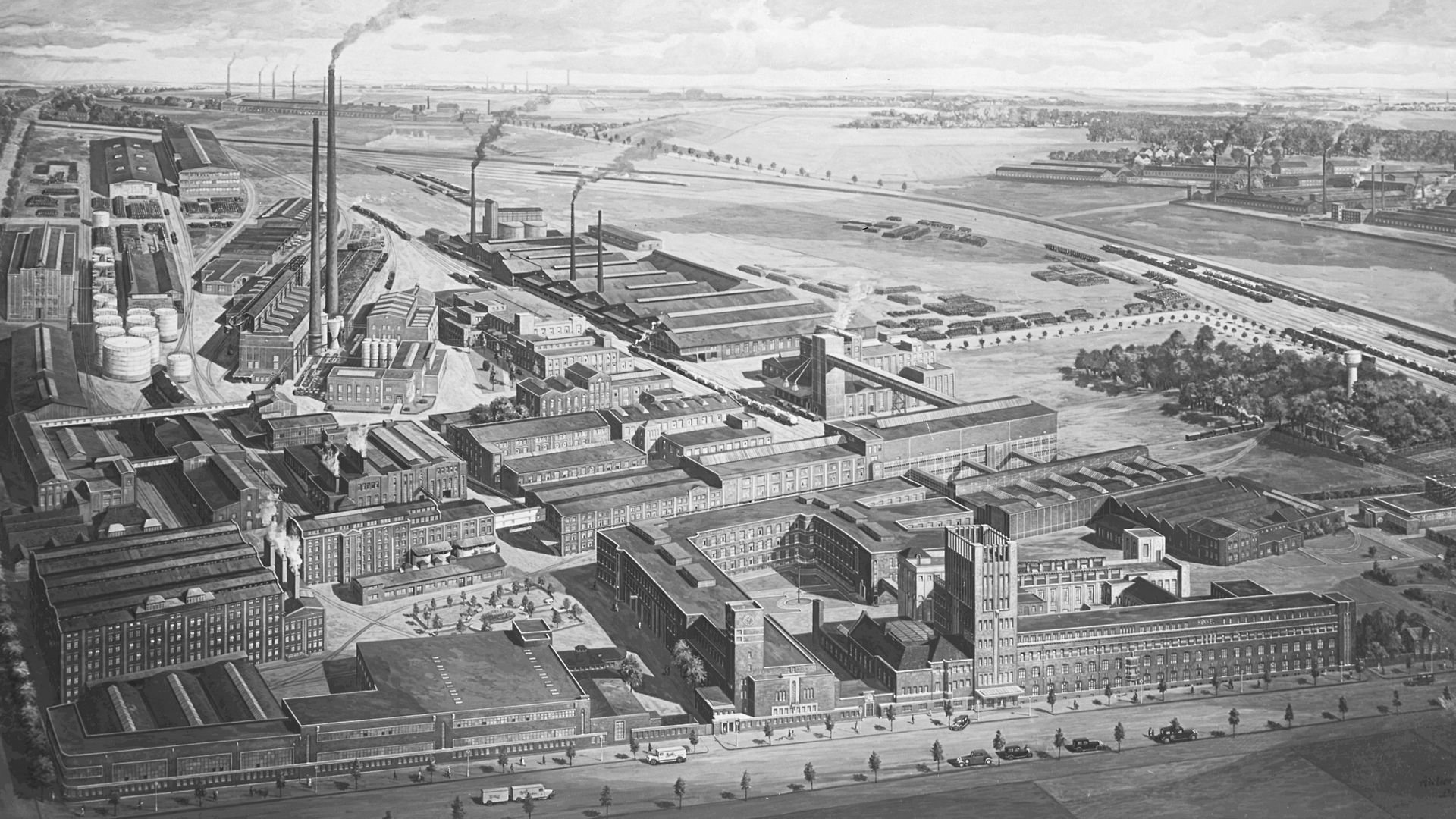 헨켈 뒤셀도르프-홀트하우젠 사업장의 외관을 그린 삽화입니다.